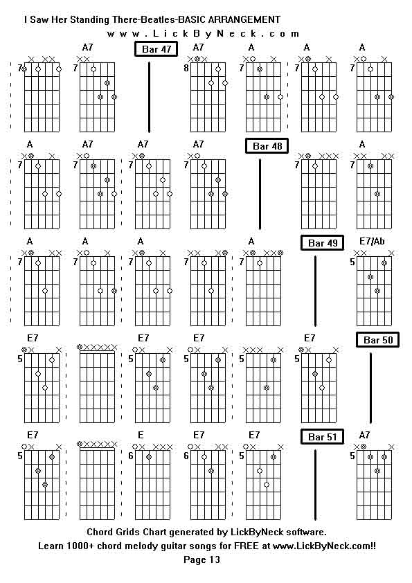 Chord Grids Chart of chord melody fingerstyle guitar song-I Saw Her Standing There-Beatles-BASIC ARRANGEMENT,generated by LickByNeck software.